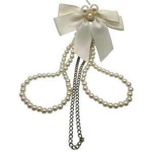 Vintage White Faux Pearl Pin Brooch Bow Ribbon Chain Cottage Granny Soft Girl